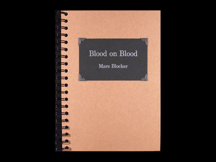 By Mare Blocker, M Kimberly Press.  Artists' Book. Letterpress with linocut illustrations.
Spiral bound photo album. Edition of 36, 1999.